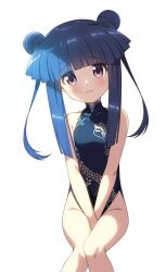  between_legs black_dress blue_archive blue_hair breasts china_dress chinese_clothes collarbone commentary_request cosplay covered_collarbone double_bun dress feet_out_of_frame female furude_rika gaou_(babel) groin hair_bun hand_between_legs head_tilt higurashi_no_naku_koro_ni kisaki_(blue_archive) kisaki_(blue_archive)_(cosplay) long_hair pelvic_curtain purple_eyes sidelocks simple_background sitting sleeveless sleeveless_dress small_breasts solo twintails white_background 