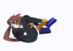  aile_(mega_man_zx) black_bodysuit blue_footwear bodysuit bracelet breasts brown_hair covered_navel female from_side gold_anklet gold_bracelet green_eyes hair_tie hugging_own_legs jewelry kaidou_zx legs_up long_hair looking_at_viewer lying medium_breasts mega_man_(series) mega_man_zx mega_man_zx_advent negative_space no_jacket no_pants on_back ponytail robot_ears simple_background smile solo spiked_hair white_background 