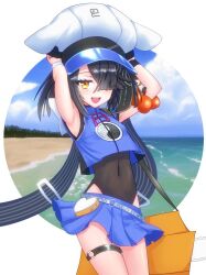  armpits arms_behind_head arms_up bare_shoulders beach black_hair black_one-piece_swimsuit blue_shirt blue_skirt blue_sky blush breasts brown_eyes chainsaw covered_navel crop_top degudoga fate/grand_order fate_(series) female hair_over_one_eye hat looking_at_viewer miniskirt mole mole_under_eye one-piece_swimsuit open_mouth outdoors shirt shore short_hair skirt sky sleeveless sleeveless_shirt small_breasts smile solo swimsuit swimsuit_under_clothes thigh_strap thighs water white_hat wristband xu_fu_(fate) xu_fu_(swimsuit_avenger)_(fate) xu_fu_(swimsuit_avenger)_(first_ascension)_(fate) yin_yang yin_yang_print 