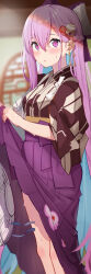  blurry blurry_background brown_kimono electric_fan female hair_between_eyes hair_ornament hakama hashtag-only_commentary highres iriam japanese_clothes kimono legs lifting_own_clothes long_hair looking_at_viewer pink_eyes pink_hair purple_hakama shiori_ichika solo standing sweat virtual_youtuber yuuzuki_(re&#039;ef) 