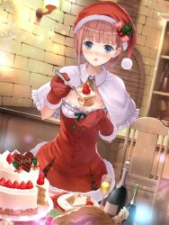  adapted_costume atelier_(series) atelier_questboard atelier_rorona blue_eyes blush breasts brick_wall cake cake_slice chair champagne_bottle champagne_flute chicken_(food) christmas christmas_cake cleavage commentary_request cup dress drinking_glass female food fork fried_chicken fruit fur-trimmed_dress fur-trimmed_headwear fur_trim gloves hands_up hat holding holding_fork incoming_food indoors lamp looking_at_viewer nose_blush official_art open_mouth plate pom_pom_(clothes) red_gloves red_hat rorolina_frixell santa_costume santa_dress santa_hat short_hair shy small_breasts solo strawberry table 