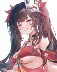  adapted_costume armpit_crease bare_shoulders bell blush breasts brown_hair circle_facial_mark cleavage commentary_request criss-cross_halter facial_mark female flower_tattoo fox_mask halterneck highres honkai:_star_rail honkai_(series) large_breasts long_hair looking_at_viewer machi_(7769) mark_under_both_eyes mask mask_on_head neck_bell red_eyes shoulder_tattoo sidelocks simple_background smile solo sparkle_(honkai:_star_rail) tattoo teeth twintails twitter_username underboob unfinished upper_body very_long_hair wet white_background 