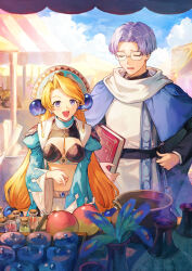  1boy :d atelier_(series) atelier_marie benitama blonde_hair blue_capelet blue_coat blue_eyes blue_sky bomb book bottle breasts candle capelet cleavage closed_eyes cloud coat cooking_pot crop_top day earrings explosive female glasses hand_on_own_hip holding holding_book jewelry kreis_kuhl long_hair long_sleeves low-tied_long_hair marie_(atelier) market_stall medium_breasts navel official_art open_mouth outdoors parted_bangs pointing ponytail robe shopping short_hair sigh sky smile smoke standing white_robe 