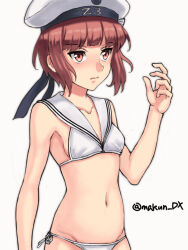  bikini breasts brown_eyes brown_hair clothes_writing collarbone cowboy_shot female hat highres kantai_collection lowleg lowleg_bikini maakun_(makun_dx) one-hour_drawing_challenge sailor_bikini sailor_collar sailor_hat short_hair side-tie_bikini_bottom simple_background small_breasts solo swimsuit twitter_username white_background white_bikini white_hat white_sailor_collar z3_max_schultz_(kancolle) z3_max_schultz_(swimsuit_mode)_(kancolle) 