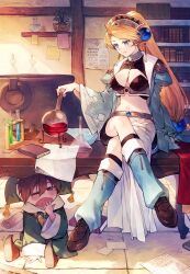  1boy atelier_(series) atelier_marie benitama bike_shorts blonde_hair blue_eyes book bookmark bookshelf breasts brown_footwear brown_hair cauldron cleavage coat covering_own_mouth crop_top crossed_legs day earrings fairy_(atelier) female flask full_body green_coat hand_over_own_mouth hand_up highres holding holding_flask indoors jewelry leg_warmers liquid long_hair long_sleeves looking_down low-tied_long_hair marie_(atelier) medium_breasts navel official_art one_eye_closed open_mouth paper plant ponytail potted_plant shoes short_hair sitting sitting_on_table sleepy smile solo table yawning 