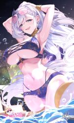  ball beachball bikini blue_bikini braid breasts cleavage female grey_hair hair_ornament highres hololive hololive_indonesia large_breasts long_hair looking_at_viewer navel pavolia_reine smile solo sunglasses swim_ring swimsuit todalbok106 virtual_youtuber 