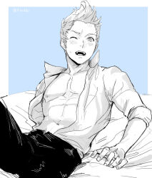  1boy fire_emblem fire_emblem_fates greyscale hashiko_(neleven) looking_at_viewer male_focus monochrome on_bed one_eye_closed open_mouth pectorals quiff silas_(fire_emblem) unbuttoned unbuttoned_shirt 