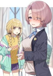  2girls :o absurdres arimura_mao black_jacket blazer blonde_hair blue_bow blue_bowtie blue_eyes blue_skirt blush border bow bowtie braid breasts brown_hair brown_vest checkered_clothes checkered_skirt clenched_hand commentary_request curtains dot_nose embarrassed eyelashes fujita_kotone gakuen_idolmaster go-1 hair_over_one_eye hatsuboshi_gakuen_school_uniform highres idolmaster indoors jacket large_breasts long_hair long_sleeves looking_at_another low_twin_braids multicolored_clothes multicolored_jacket multiple_girls open_clothes open_jacket open_mouth oversized_jacket own_hands_together pleated_skirt print_shirt school_uniform shirt short_hair sidelocks skirt thighs twin_braids vest wavy_mouth white_border window wing_collar yellow_eyes yellow_shirt 