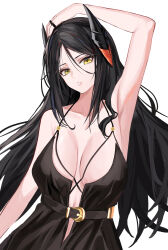  absurdres arknights arm_up armpits belt black_belt black_dress black_hair black_horns breasts cleavage collarbone commentary dress female hair_between_eyes highres horns ines_(arknights) large_breasts long_hair looking_at_viewer parted_lips puranetto_(vjun4748) simple_background solo white_background yellow_eyes 