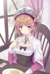  aramachi atelier_(series) atelier_rorona blue_eyes breasts brown_hair capelet chair cleavage closed_mouth commentary_request eating female food fork hand_up hat highres holding holding_fork indoors jewelry long_sleeves looking_at_viewer necklace notice_lines pie pie_slice pink_hat plate rorolina_frixell short_hair sitting small_breasts solo table upper_body utensil_in_mouth white_capelet window 