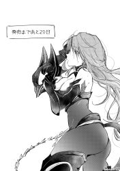  absurdres ass bodysuit breasts commentary_request countdown eiyuu_densetsu female greyscale grimcats_(eiyuu_densetsu) hair_down highres holding holding_mask judith_ranster kai_no_kiseki kuro_no_kiseki_(series) large_breasts long_hair mask monochrome polly_(cott) simple_background solo translation_request white_background 