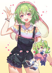  :d absurdres blush bracelet breasts contrapposto cowboy_shot female green_hair hair_between_eyes hat highres ichika_maia indie_virtual_youtuber jewelry large_breasts looking_at_viewer maplesights medium_hair overalls petals pink_eyes rainbow_shirt smile virtual_youtuber waving 