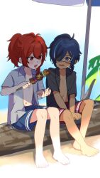  2boys :d :o aged_down antenna_hair barefoot beach beach_umbrella black_shirt blue_eyes blue_hair blue_shorts blush chicken-mushroom_skewer_(genshin_impact) collared_shirt commentary_request dark-skinned_male dark_skin diluc_(genshin_impact) eyepatch feet food genshin_impact grey_shirt hair_between_eyes hair_intakes hand_up high_ponytail highres holding holding_food kaeya_(genshin_impact) log lolicon long_hair looking_to_the_side male_focus male_swimwear multicolored_hair multiple_boys mushroom navel noma_(noma3g) one_eye_covered open_clothes open_mouth open_shirt palm_leaf parted_bangs ponytail red_eyes red_hair red_shorts shiitake shirt short_sleeves shorts sidelocks sitting_on_log skewer smile step-brothers step-siblings stomach streaked_hair swept_bangs swim_trunks teeth toes umbrella upper_teeth_only wing_collar 