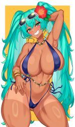  absurdres alternate_breast_size aqua_eyes aqua_hair bead_choker belly_chain bikini blue_bikini borrowed_design bracelet brazilian_miku breasts cameltoe dark-skinned_female dark_skin earrings eyewear_on_head female flower gold_earrings hair_flower hair_ornament hatsune_miku highres huge_breasts jewelry large_breasts long_hair multiple_bracelets navel nez-box rectangular_earrings shaka_sign shorts_tan side-tie_bikini_bottom solo sunglasses swimsuit tan tanlines twintails vocaloid 