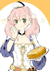  absurdres atelier_(series) atelier_escha_&amp;_logy belt_pouch black_choker blush bracelet braid breasts choker cleavage closed_mouth escha_malier female food green_eyes hand_on_own_face hand_up hat heart highres holding holding_plate jewelry long_hair long_sleeves looking_at_viewer mini_hat minidraco pie pink_hair plate pouch shirt small_breasts smile solo twintails upper_body white_hat white_shirt 