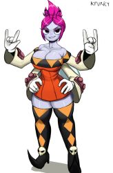  4_arms alternate_hairstyle anthro arthropod big_breasts boots breasts cerebella cleavage clothed clothing cosplay crossover crossover_cosplay devil_horns_(gesture) disney disney_channel eyeshadow female fly_(animal) footwear gesture gloves hair hand_gesture hands_on_hips handwear hi_res insect_wings insects kfurry4 looking_at_viewer maggie_pesky makeup multi_arm multi_limb ponytail purple_eyeshadow shoes simple_background skullgirls solo the_buzz_on_maggie watermark white_background wings 