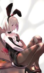  animal_ear_hairband animal_ears black_bow black_bowtie black_footwear black_hairband black_leotard black_pantyhose blonde_hair bob_cut bow bowtie breasts cleavage closed_mouth collarbone fake_animal_ears fake_tail female hairband high_heels highres leotard lycoris_recoil medium_breasts nishikigi_chisato pantyhose playboy_bunny rabbit_ears rabbit_tail red_eyes sengoku_chidori short_hair sidelocks solo strapless strapless_leotard tail twitter_username white_wrist_cuffs wrist_cuffs 