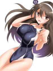  alternate_costume anger_vein ashigara_(kancolle) black_one-piece_swimsuit breasts brown_eyes brown_hair commentary_request competition_swimsuit cowboy_shot female hairband highres kantai_collection large_breasts long_hair one-piece_swimsuit simple_background solo spoken_anger_vein swimsuit two-tone_swimsuit white_background white_hairband yokareto_omotte 