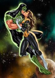  1boy 1boy1girl arab arab_male artist_name artist_signature ashmount commission dc dc_comics embrace embracing embracing_each_other female green_lantern green_lantern_(series) jessica_cruz junior_maia kissing lebanese mexican mexican_female planet romance romantic romantic_couple simon_baz space space_background stars yellow_lantern 