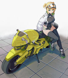  absurdres belt black_gloves black_leotard black_thighhighs blonde_hair breasts chest_harness cropped_jacket earclip female gloves goggles goggles_on_head green_eyes grey_shorts harness highleg highleg_leotard highres jacket large_breasts leotard long_sleeves looking_at_viewer micro_shorts motor_vehicle motorcycle original puffy_long_sleeves puffy_sleeves ryou_(ponpgo) short_hair short_twintails shorts sitting ski_goggles solo thighhighs twintails two-tone_leotard white_jacket white_leotard 