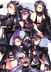  1boy armor babigonice black_hair breasts cloud_strife cloud_strife_(bahamut_garb) covered_navel fake_horns female final_fantasy final_fantasy_vii final_fantasy_vii_ever_crisis heart highres horned_headwear horns leotard looking_at_viewer mask multiple_persona official_alternate_costume prototype_design revealing_clothes tifa_lockhart underboob 