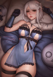  2b_(nier:automata) bandaged_arm bandaged_leg bandaged_neck bandages black_gloves bootybear braided_hair_rings breasts character_doll clothing_cutout female flower gloves hair_flower hair_ornament highres kaine_(nier) lips looking_at_viewer lunar_tear lying medium_breasts navel navel_cutout negligee nier nier:automata nier_(series) on_back panties short_hair signature solo thigh_strap underwear white_hair white_panties 