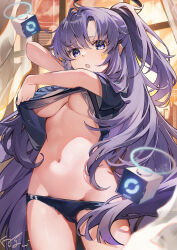  :o baisi_shaonian black_buruma black_shirt blue_archive blush breasts buruma clothes_lift cowboy_shot drone female gym_shirt gym_uniform halo highres indoors lifting_own_clothes long_hair looking_at_viewer lowleg mechanical_halo medium_breasts navel official_alternate_costume ponytail purple_eyes purple_hair shirt shirt_lift solo star_sticker sticker_on_face stomach underboob undressing very_long_hair window yuuka_(blue_archive) yuuka_(track)_(blue_archive) 