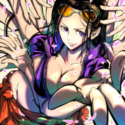  absurdres black_hair breasts cleavage cropped_jacket extra_arms eyewear_on_head female highres illustica_phantom jacket large_breasts long_hair looking_at_viewer nico_robin one_piece orange-tinted_eyewear orange_sarong petals purple_eyes purple_jacket sarong smile solo sunglasses tinted_eyewear 