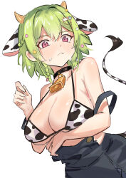  :&lt; absurdres animal_ears animal_print arm_under_breasts bell bikini blush breasts cow_ears cow_horns cow_print cow_print_bikini cow_tail cowbell double_strap_slip female green_hair hair_ornament highres horns ichika_maia indie_virtual_youtuber large_breasts looking_at_viewer maplesights medium_hair overalls pink_eyes print_bikini rabbit_hair_ornament simple_background solo sweatdrop swimsuit tail virtual_youtuber white_background 