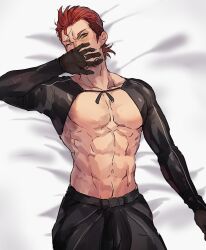  1boy abs bare_pectorals bed_sheet black_pants covering_own_mouth fire_emblem fire_emblem_fates gloves hashiko_(neleven) japanese_clothes looking_at_viewer lying male_focus muscular muscular_male navel on_back on_bed one_eye_closed pants pectorals red_eyes red_hair saizo_(fire_emblem) scar scar_across_eye short_hair solo stomach toned toned_male 