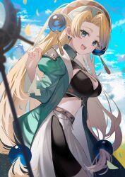  :d absurdres aroa_(aroamoyasi) atelier_(series) atelier_marie blonde_hair blue_eyes blue_sky blurry blurry_foreground breasts cleavage cloud countdown_illustration cowboy_shot crop_top day earrings female hand_up highres jewelry large_breasts long_hair long_sleeves looking_at_viewer low-tied_long_hair marie_(atelier) navel official_art open_mouth outdoors petals ponytail second-party_source sky smile solo staff standing very_long_hair 