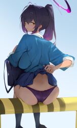  absurdres bag black_hair blue_archive blue_cardigan breasts cardigan clothes_lift dark-skinned_female dark_skin dokshuri female halo highres karin_(blue_archive) large_breasts lifting_own_clothes long_hair looking_back panties ponytail purple_panties school_bag school_uniform sitting skirt skirt_lift underwear yellow_eyes 