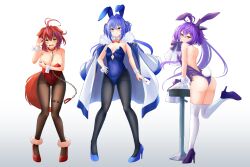  3girls absurdres ace_(playing_card) ace_of_hearts ahoge akane_canna alternate_costume animal_ears antenna_hair arm_under_breasts ass back black_pantyhose black_ribbon blue_footwear blue_hair blush bow bowtie breasts brown_pantyhose bunny_day card chain_leash chains claw_pose closed_mouth coat coat_on_shoulders commentary_request cowlick detached_collar dog_ears dog_tail fake_animal_ears fake_tail full_body fur_anklet fur_collar gradient_background green_eyes green_hair grey_background hair_between_eyes hair_intakes hair_ribbon heart high_heels highres holding holding_card kirakira_620 large_breasts leaning_forward leash leotard long_hair looking_at_viewer medium_bangs multicolored_hair multiple_girls nanashi_inc. o-ring o-ring_thigh_strap oerba_yun_fang open_mouth pantyhose pigeon-toed pink_bow pink_bowtie pink_eyes playboy_bunny playing_card purple_bow purple_footwear purple_hair rabbit_ears rabbit_tail red_eyes red_footwear red_hair ribbon shisui_kiki short_hair simple_background small_breasts smile standing standing_on_one_leg stool strapless strapless_leotard streaked_hair suzumi_nemo tail thigh_strap thighhighs two-tone_hair two_side_up v-shaped_eyebrows very_long_hair virtual_youtuber white_background white_coat white_thighhighs wrist_cuffs 