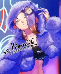  artist_name black_tube_top blue_coat blue_hair blurry blurry_background breasts brown_hair cephalopod_eyes cleavage closed_mouth coat colored_tips commentary english_commentary female fur_coat highres kiora06 long_hair looking_at_viewer mixed-language_commentary multicolored_hair octoling photo-referenced print_tube_top red_eyes shiver_(splatoon) short_eyebrows solo splatoon_(series) splatoon_3 strapless tentacle_hair thick_eyebrows tube_top twitter_username 