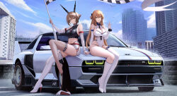  2girls absurdres alternate_costume asymmetrical_legwear between_breasts black_necktie blue_sky breasts brown_hair building car cloud commission covered_navel elbow_gloves english_commentary feet fingerless_gloves flag full_body girls&#039;_frontline gloves green_eyes hair_between_eyes high_heels highleg highleg_panties highres holding holding_flag hyundai hyundai_n_vision_74 jakuri_(ar_tonelico) kantai_collection kcar66t long_hair looking_at_viewer miniskirt mismatched_legwear motor_vehicle multiple_girls mutsu_(kancolle) navel necktie necktie_between_breasts on_car open_mouth outdoors panties pixiv_commission race_queen shoes short_hair simple_bird sitting skindentation skirt sky smile springfield_(girls&#039;_frontline) thighhighs toes underwear unworn_shoes white_gloves white_skirt white_thighhighs 