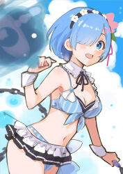  ball_and_chain_(weapon) bikini blue_bikini blue_eyes blue_hair detached_collar female hair_ornament hair_over_one_eye hair_ribbon horizontal-striped_swimwear layered_swimsuit maid pink_ribbon princess_connect! re:zero_kara_hajimeru_isekai_seikatsu rem_(re:zero) ribbon ribbon-trimmed_clothes ribbon_trim ryoito_no_oka short_hair solo spiked_ball_and_chain swimsuit x_hair_ornament 