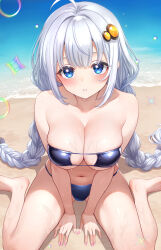  ahoge bare_legs barefoot bikini blue_bikini blue_eyes blush braid breasts cleavage commentary_request eyepatch_bikini female fingernails from_above hair_intakes hair_ornament highres kizuna_akari large_breasts long_hair looking_at_viewer low_twin_braids nail_polish navel ocean outdoors pink_nails sitting skindentation solo sparkling_aura stomach studiopokotan swimsuit twin_braids voiceroid wariza wet white_hair 