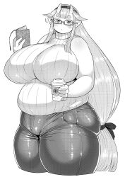  :&lt; bad_id book breasts closed_mouth cowboy_shot cup denim female gigantic_breasts greyscale hairband head_tilt highres hinoeki_sakurako holding holding_book holding_cup horns jeans long_hair looking_at_viewer mole mole_under_eye monochrome muchigaku muffin_top pants plump pocket pointy_ears semi-rimless_eyewear simple_background sleeveless solo synecdoche thick_arms thick_eyebrows thick_thighs thighs under-rim_eyewear very_long_hair white_background 