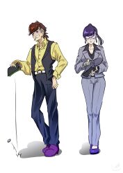  1boy =_= absurdres black_pants black_vest breasts brown_hair cleavage earrings female glasses gloom_(expression) grey_jacket grey_pants highres holding holding_wallet horse_girl jacket jewelry long_hair naegi_happy pants purple_footwear purple_hair semi-rimless_eyewear shirt short_ponytail signature simple_background team_spica&#039;s_trainer toujou_hana trainer_(umamusume) umamusume undercut vest wallet white-framed_eyewear white_background yellow_shirt 