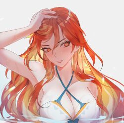  alternate_costume aoiabyss breasts cleavage cosplay genshin_impact highres large_breasts lumine_(genshin_impact) lumine_(genshin_impact)_(cosplay) lumine_(hot_springs)_(genshin_impact) mavuika_(genshin_impact) multicolored_eyes multicolored_hair orange_eyes orange_hair red_eyes red_hair sun-shaped_pupils sunburst_iris swimsuit water_drop wet wet_clothes wet_swimsuit 