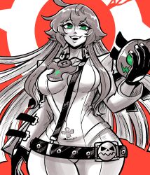  absurdres belt black_gloves breasts broken_halo cleavage cross cross_necklace female gloves green_eyes greyscale guilty_gear guilty_gear_strive halo highres holding holding_mask jack-o&#039;_valentine jewelry long_hair looking_at_viewer mask monochrome necklace red_background scruffyturtles smile wide_hips 