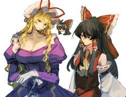  2girls ahoge ascot black_hair blonde_hair bow breasts cleavage detached_sleeves dress hairbow hakurei_reimu hat hat_ribbon juliet_sleeves long_hair long_sleeves multiple_girls puffy_sleeves purple_dress purple_eyes red_bow red_eyes red_ribbon red_shirt ribbon ribbon-trimmed_sleeves ribbon_trim shirt sidelocks simple_background touhou white_background white_hat xian_qishui yakumo_yukari yellow_ascot 