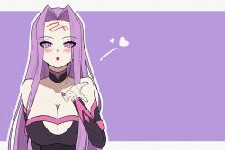  bare_shoulders blowing_kiss border breasts cleavage collarbone detached_collar detached_sleeves facial_mark fate/grand_order fate_(series) female forehead_mark hair_intakes heart highres long_hair looking_at_viewer medusa_(fate) medusa_(rider)_(fate) nail_polish outside_border purple_background purple_eyes purple_nails purple_theme solo upper_body white_border zazero013 