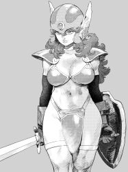  ahn_dongshik armor bikini_armor breasts closed_mouth commentary_request crotch_plate curly_hair dragon_quest dragon_quest_iii female grey_background greyscale helmet highres holding holding_shield holding_sword holding_weapon large_breasts long_hair monochrome navel shield simple_background soldier_(dq3) solo sword weapon winged_helmet 