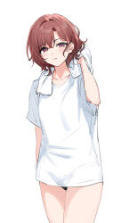  blush breasts brown_hair collarbone female highres higuchi_madoka idolmaster idolmaster_shiny_colors looking_at_viewer medium_breasts mole mole_under_eye nonbire panties shirt short_hair solo swept_bangs thighs towel underwear white_background white_shirt 