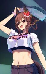  :d animal_ears black_pants braided_hair_rings breasts brown_hair clothes_writing crop_top crop_top_overhang ear_covers female from_below gentildonna_(umamusume) harakomeshi heart-shaped_ornament heart_ear_ornament highres horse_ears horse_girl large_breasts long_hair looking_ahead midriff navel official_alternate_costume pants red_eyes shirt smile solo t-shirt umamusume white_shirt 