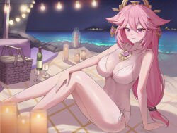  absurdres aillatoste animal_ears arm_support bare_shoulders bikini blanket blurry blurry_foreground blush bottle breasts candle city_lights earrings female fire floppy_ears fox_ears fox_girl gem genshin_impact glass hair_between_eyes hand_on_own_leg highres jewelry large_breasts light_bulb long_hair looking_at_viewer low-tied_long_hair navel necklace night night_sky ocean outdoors picnic picnic_basket pink_eyes pink_hair pink_lips purple_gemstone rock sitting sky smile solo star_(sky) starry_sky stomach swimsuit tassel thighs vision_(genshin_impact) white_bikini wine_bottle yae_miko 