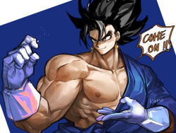  ! !! 1boy alternate_costume artist_name biceps black_eyes black_hair closed_mouth dougi dragon_ball dragon_ball_z earrings english_commentary english_text fighting_stance gloves highres jewelry kimo looking_ahead male_focus muscular muscular_male potara_earrings short_hair smile solo spiked_hair upper_body v-shaped_eyebrows vegetto white_gloves 