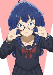  absurdres ahoge bespectacled black_serafuku black_shirt black_skirt blue_eyes blue_hair female glasses highres hotchner leaning_forward long_sleeves make_heroine_ga_oo_sugiru! medium_hair neckerchief pink_background red_neckerchief sailor_collar sailor_shirt school_uniform serafuku shirt sidelocks skirt solo two-tone_background yanami_anna 