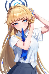  absurdres adjusting_hair black_skirt blonde_hair blue_archive blue_eyes blue_hair blue_halo blue_ribbon blush commentary female halo highres long_hair mouth_hold multicolored_hair pleated_skirt ribbon sakurahuji-iro shirt short_sleeves simple_background skirt solo toki_(blue_archive) two-tone_hair white_background white_shirt 